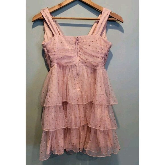 Y2K City Triangles Pink Mesh Tiered Gold Polkadot Mini Dress Sz 9 Fairy - Picture 5 of 7